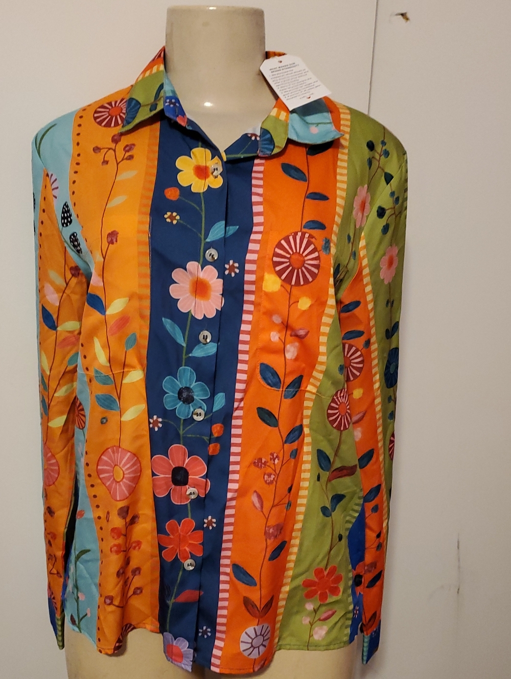 Womens Floral Stripe Button-Up Blouse - Orange Multi